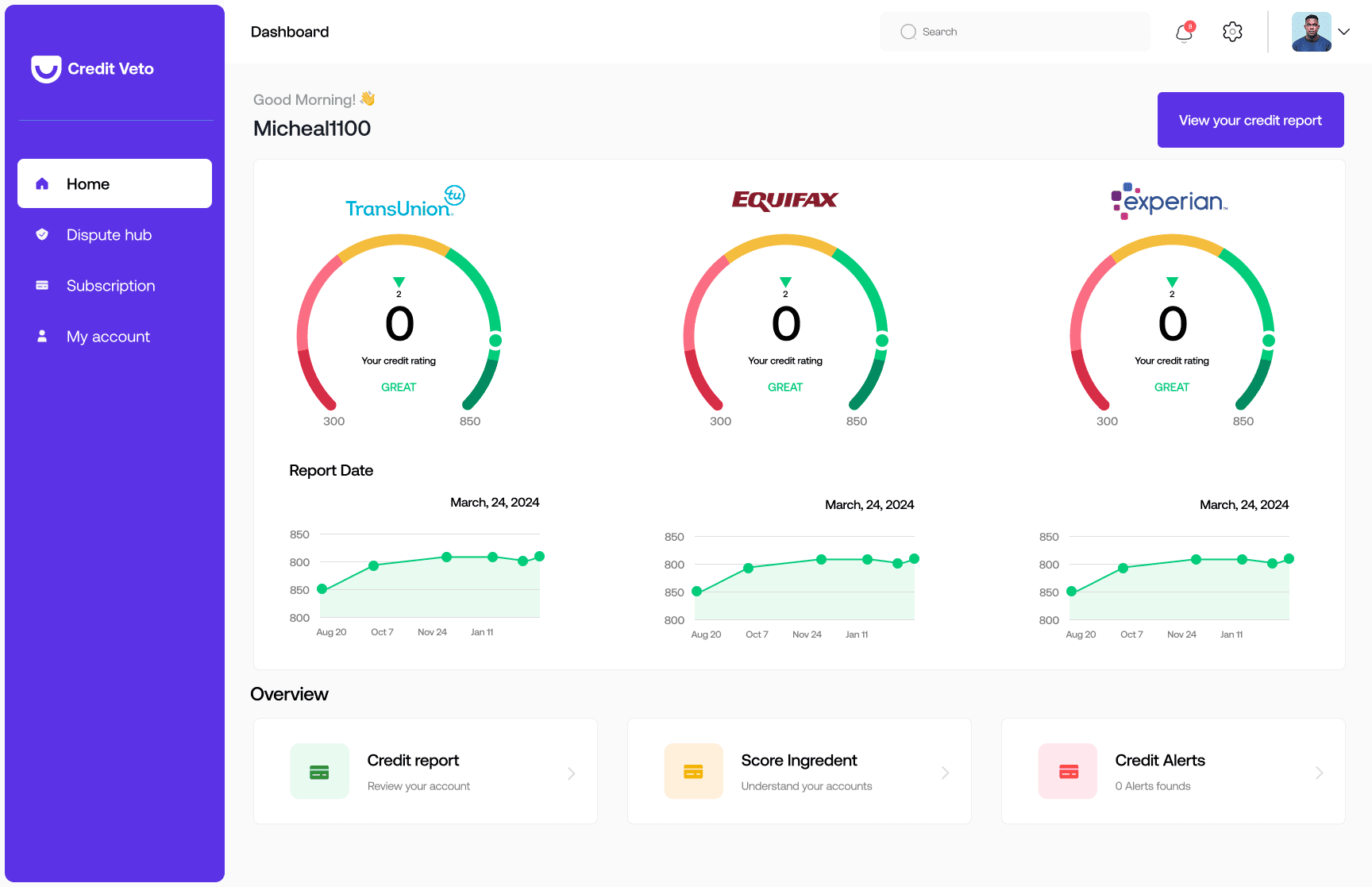 Dashboard: credit health overview across TransUnion, Equifax and Experian