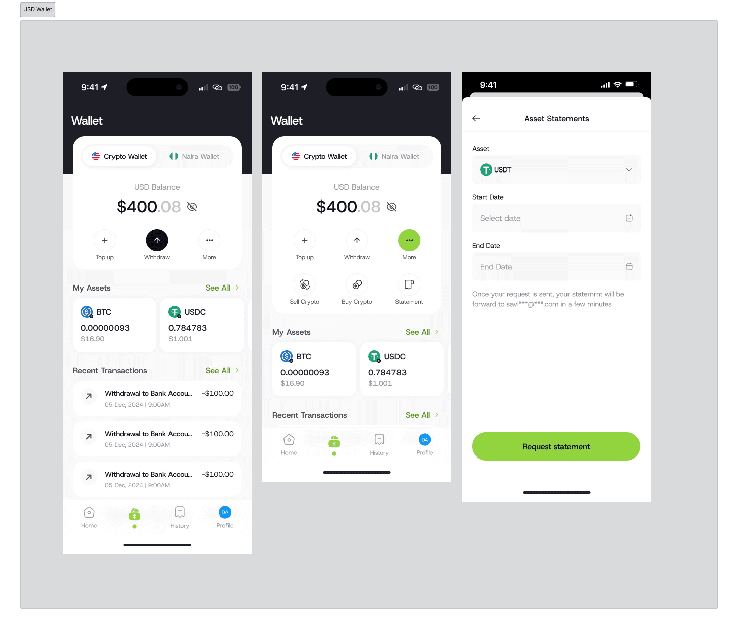 Crypto wallet: USD balance, assets, and recent transactions