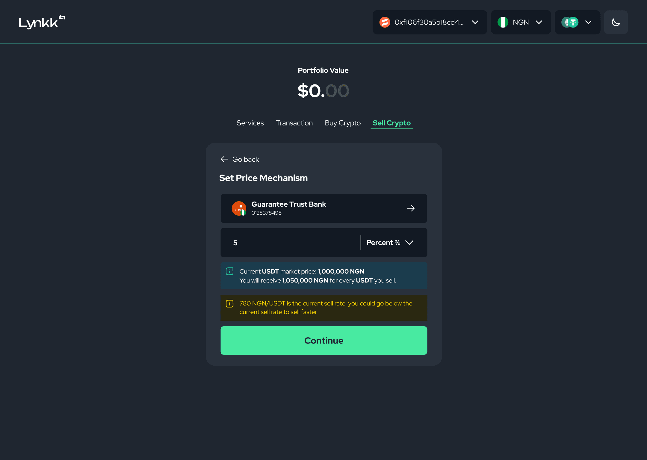 Sell crypto — set price mechanism